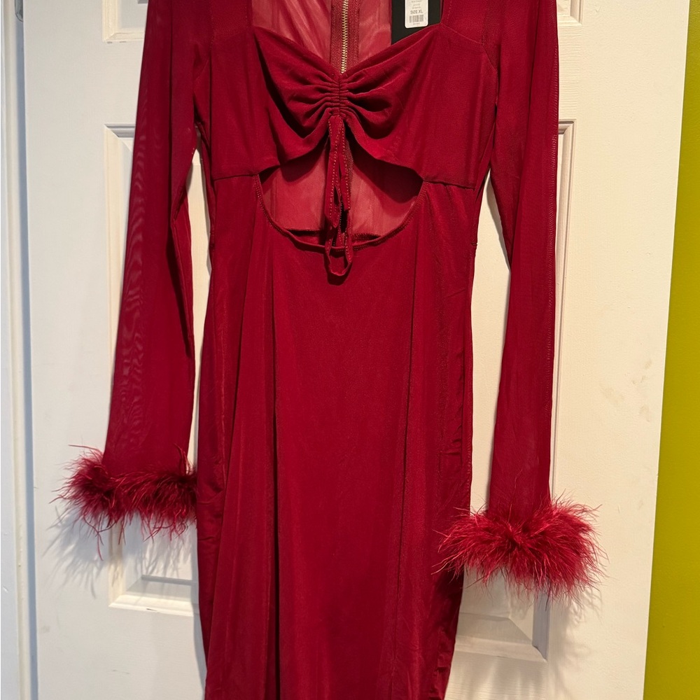 Fashion Nova Red Long Sleeve Dress with Feather Cuffs